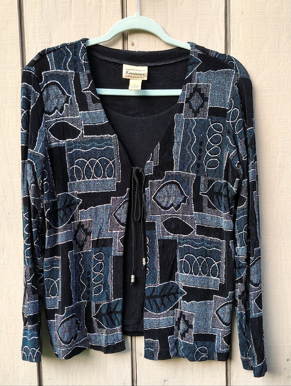 Renaissance Cardigan+Top M Metalic Black Silver Long Sleeve Tie Front Stretch